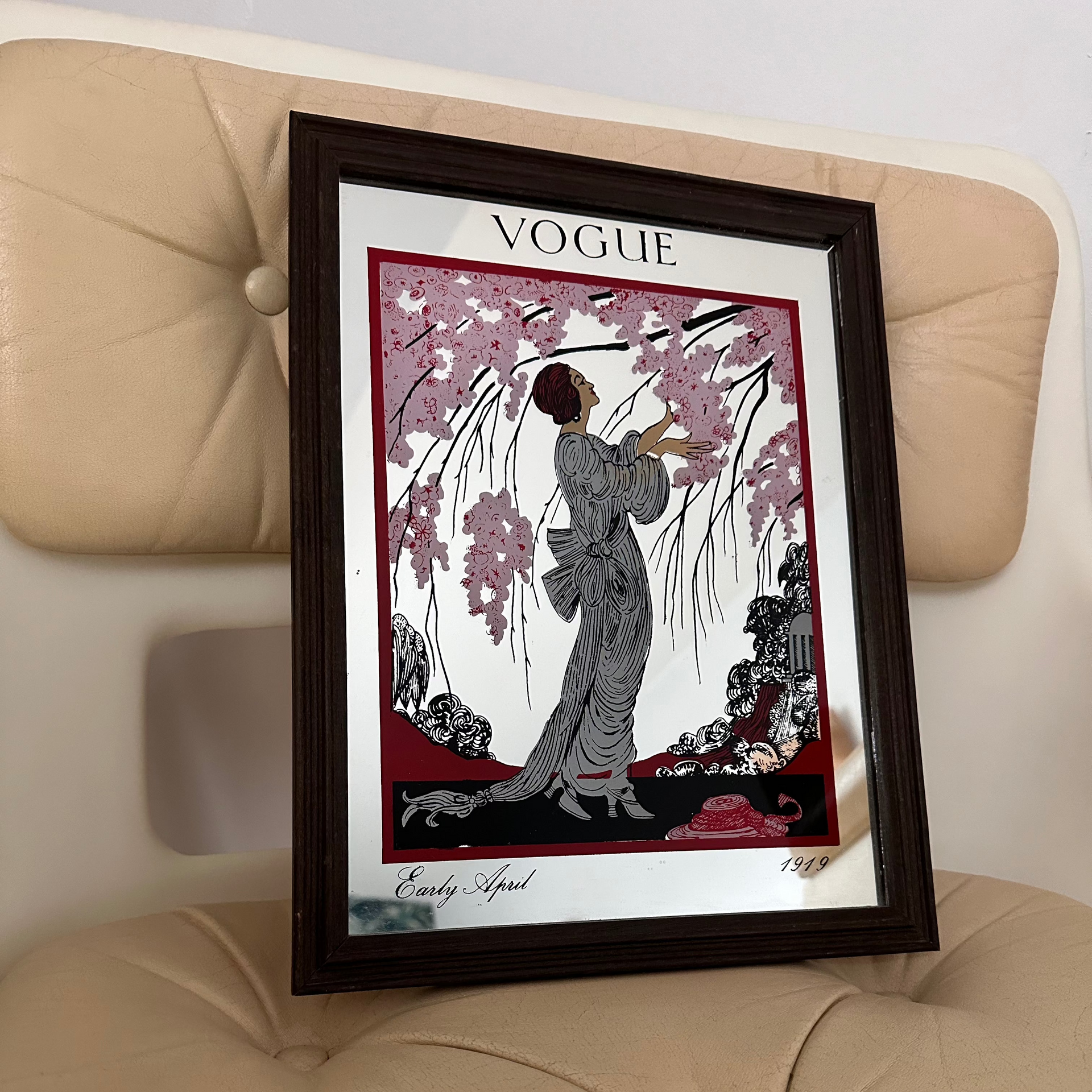 Miroir vintage sérigraphié VOGUE au décor fleuri