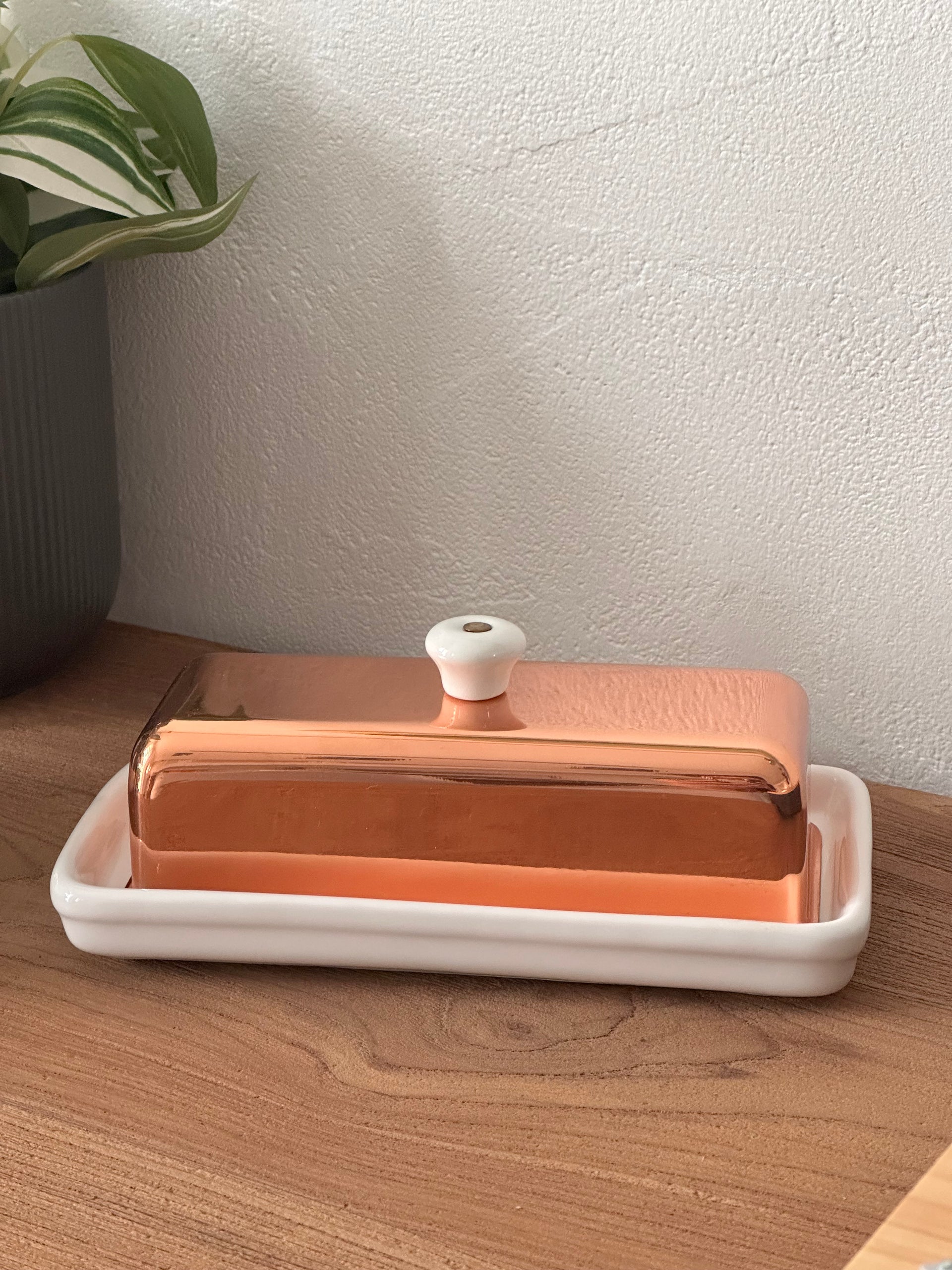 Beurrier vintage céramique et cuivre Métalutil