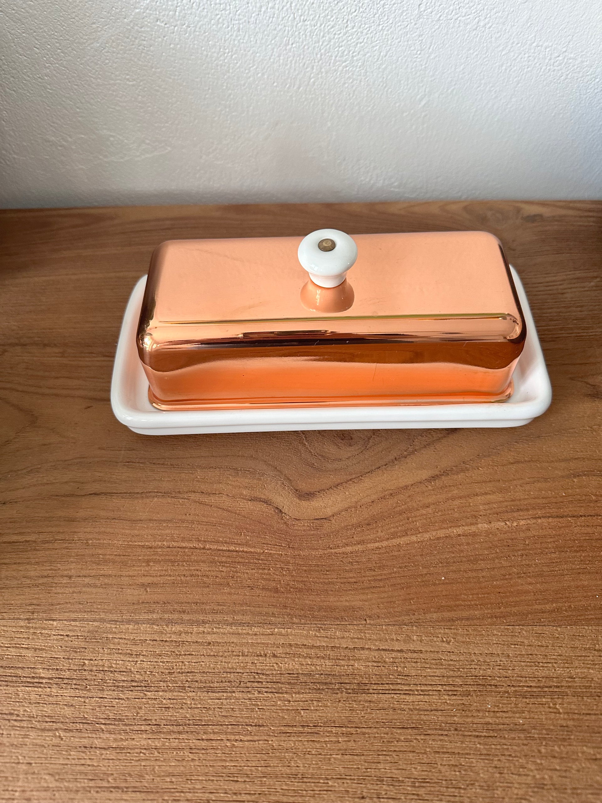 Beurrier vintage céramique et cuivre Métalutil