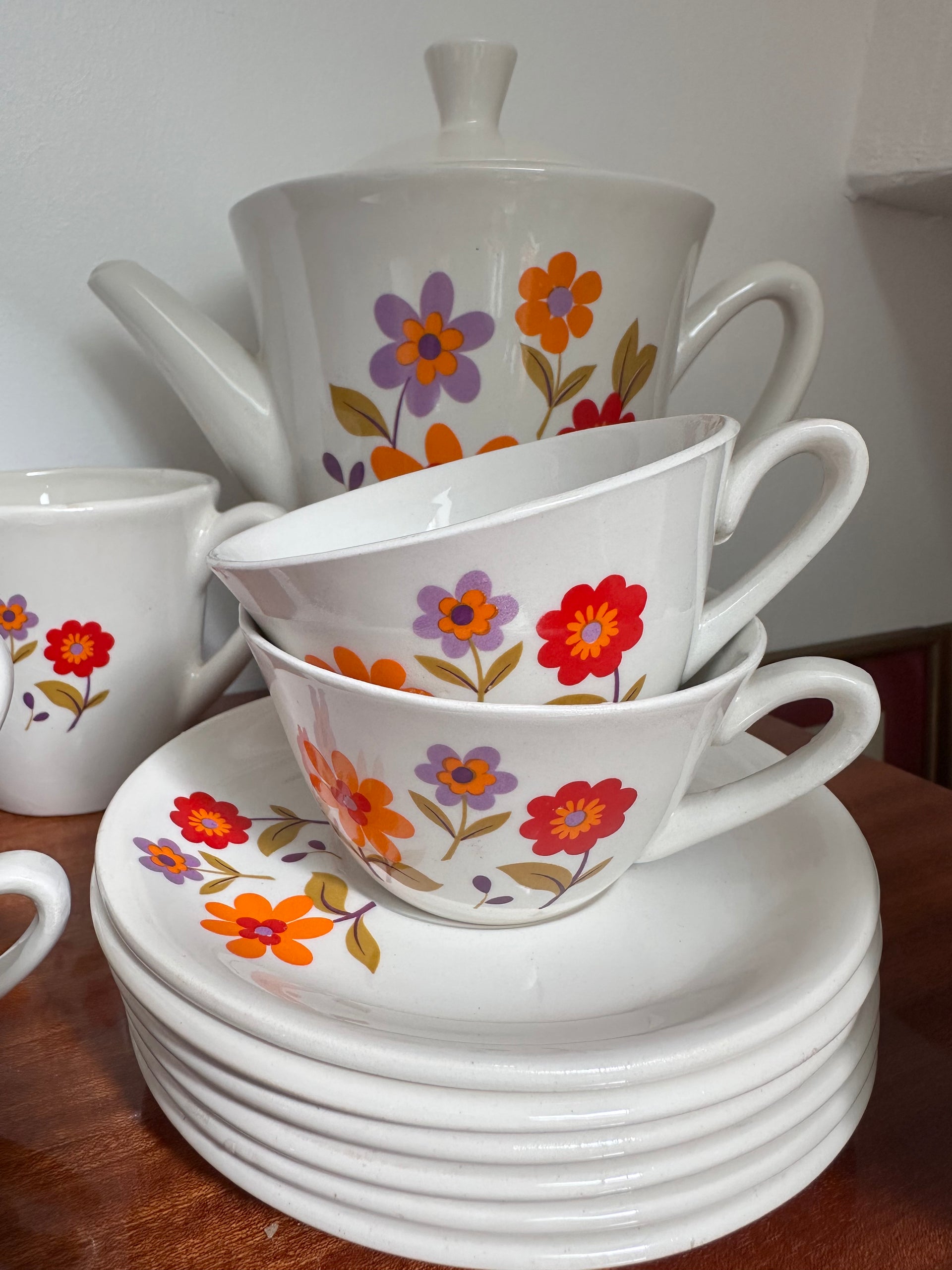Service à thé ou café vintage années 70 Moulin des Loups décor floral
